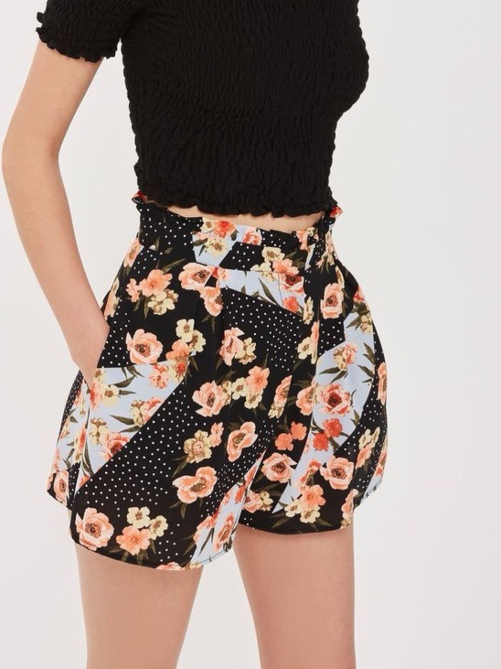 Topshop Black Floral High Waist Shorts